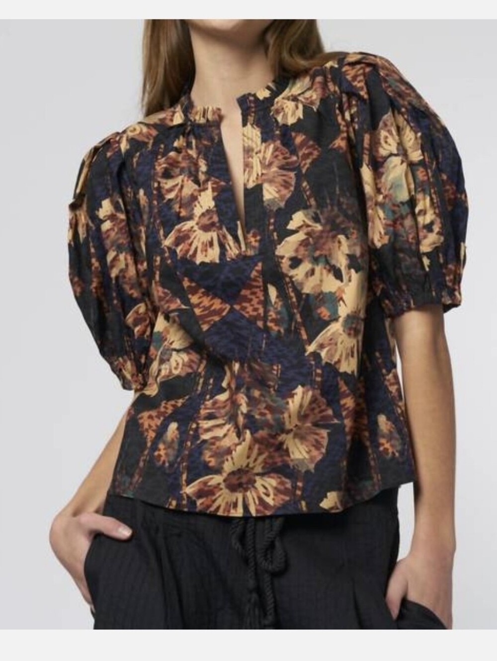 Ulla Johnson Tillie Lupine Dark Floral Print Pleated Puff Sleeve V-neck Top